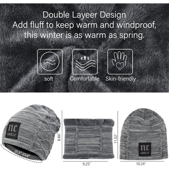 🆕 Men Grey Fleece Lined Winter Cap Beanie Scarf Set Knit Neck Warmer Nice Hat - Picture 4 of 5